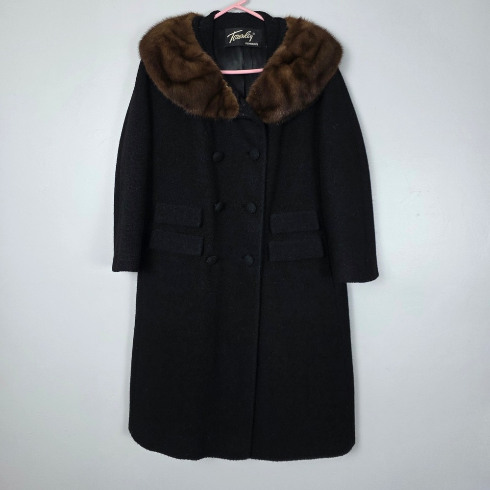 Vintage Townley Black Wool Coat Mink Fur Collar Trim Kennedys Long Overcoat